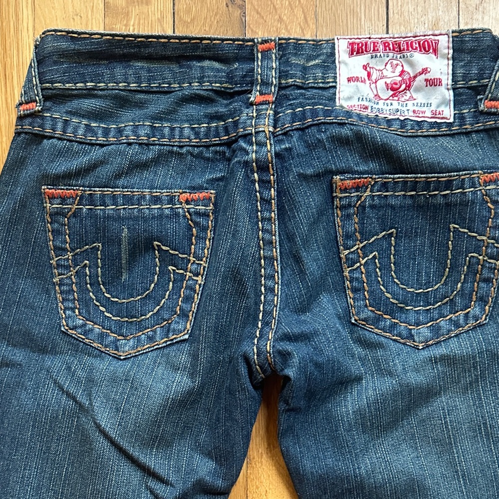 True Religion Women's Dark Blue Jeans with Orange Stitching